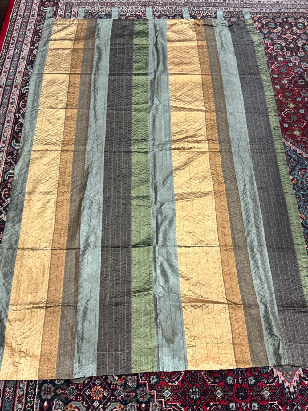 Striped Home Bedding Curtain Panel in Green, Gold, and Gray set of 2